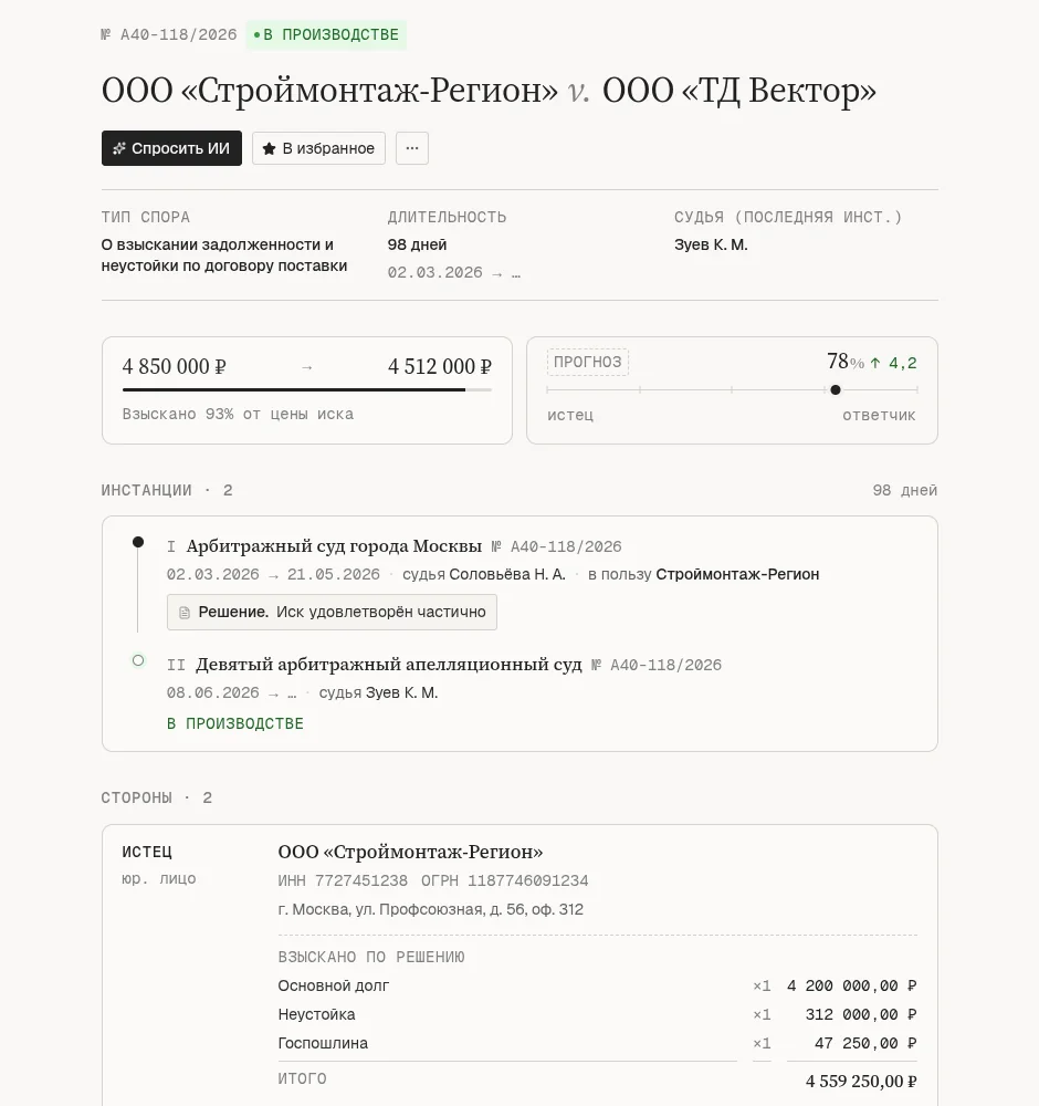 Карточка дела А40-118/2026: стороны, суммы и инстанции